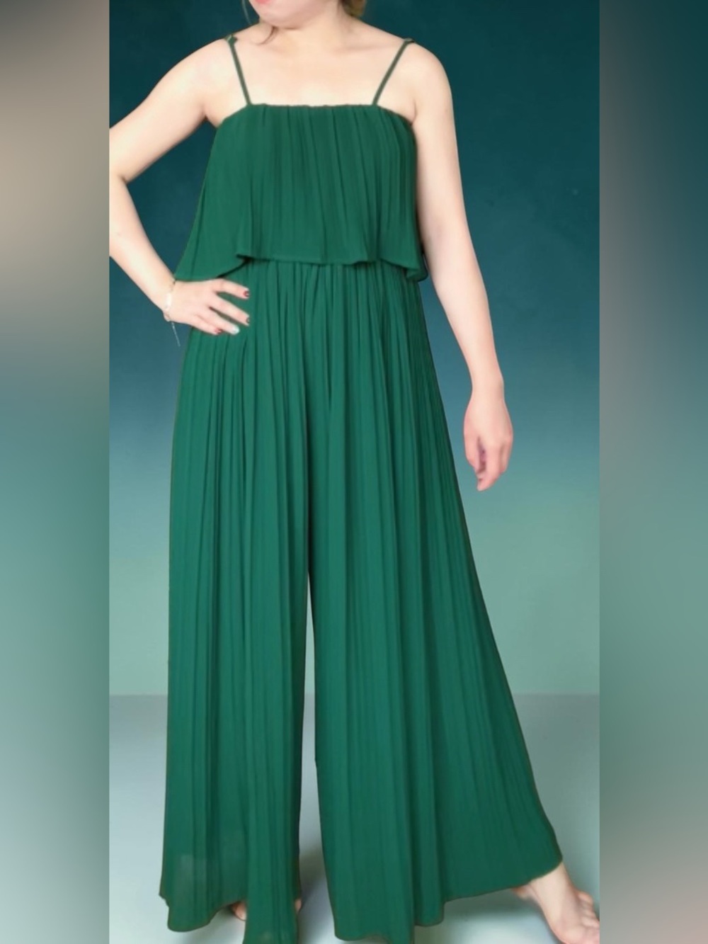 Jeff Forest Green Pleated Wide-Leg Jumpsuit size S